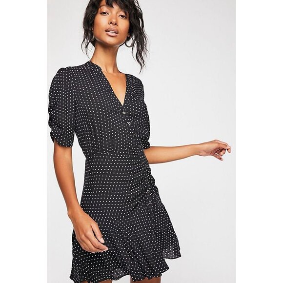 Free People Pippa Polka Dot Print Mini Dress Ruched Romantic Feminine Girly Boho - Picture 3 of 14